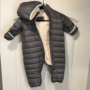 Eddie Bauer Infant Down Snow Suit Charcoal Quilted Sherpa-Lined Baby One-Piece